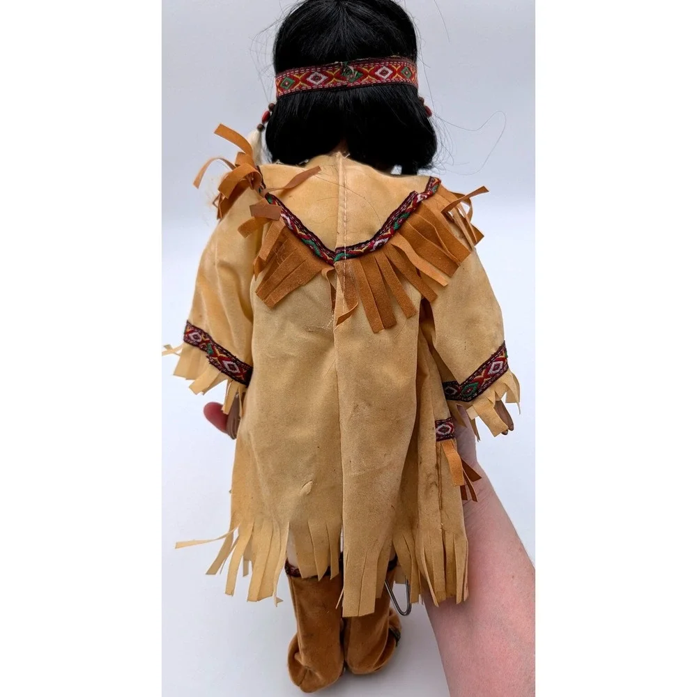 Vintage Native American Style Porcelain Doll Tan Fringe Suede Outfit 15.5 Inch